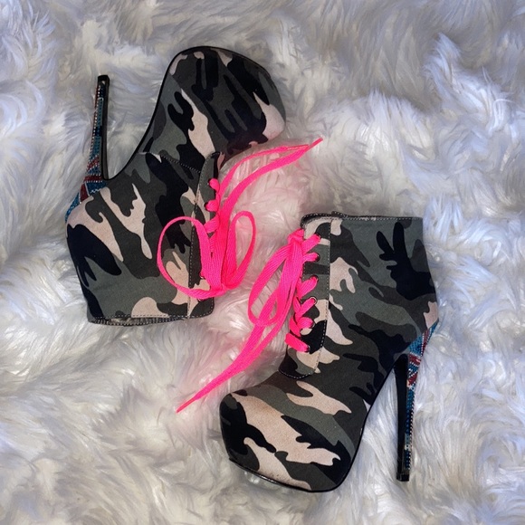 MOCHI Camo UK Rhinestone Lace Up Stiletto Platform Ankle Boots Booties 7 - Picture 12 of 16